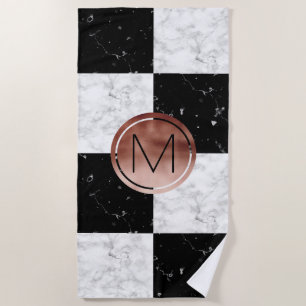 Elegant monogram rose gold black white marble beach towel