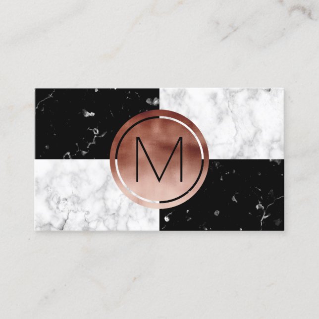 Elegant monogram rose gold black white marble business card (Front)