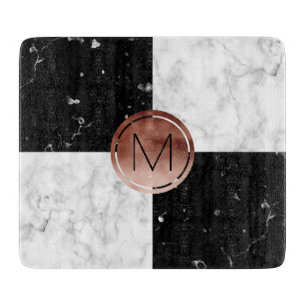 Elegant monogram rose gold black white marble cutting board