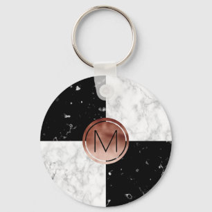 Elegant monogram rose gold black white marble key ring