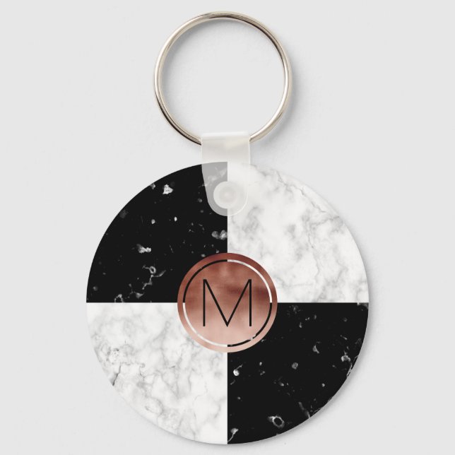 Elegant monogram rose gold black white marble key ring (Front)