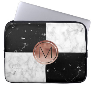 Elegant monogram rose gold black white marble laptop sleeve