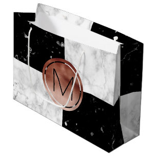 Elegant monogram rose gold black white marble large gift bag
