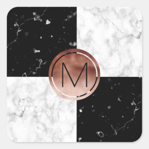 Elegant monogram rose gold black white marble square sticker