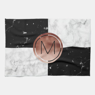 Elegant monogram rose gold black white marble tea towel