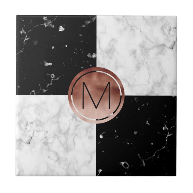 Elegant monogram rose gold black white marble tile (Front)