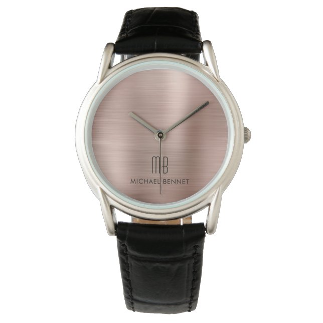 Elegant Monogram Rose Gold Brushed Metallic Watch (Front)