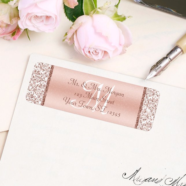 Elegant Monogram Rose Gold Damask Wedding Return Address Label (Creator Uploaded)