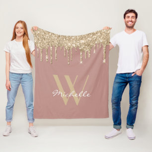 Elegant Monogram Rose Gold Dripping Glitter Name Fleece Blanket