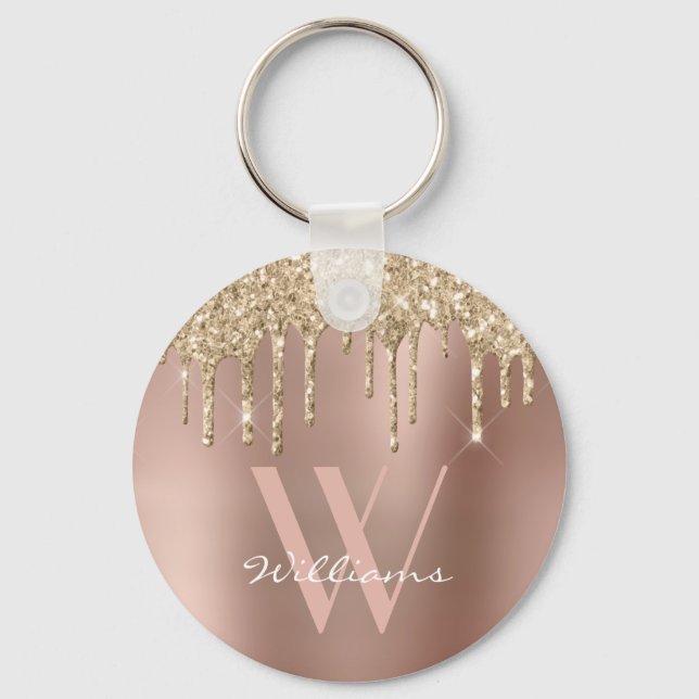 Elegant Monogram Rose Gold Glitter Drips Name Key Ring (Front)