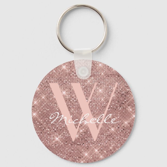 Elegant Monogram Rose Gold Glitter Name Script Key Ring (Front)