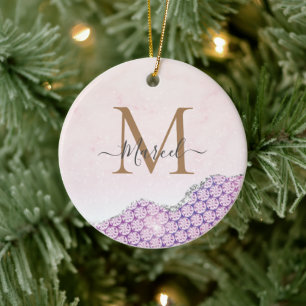 Elegant Monogram Rose pink Glitter Ceramic Ornament