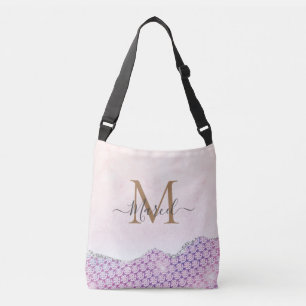 Elegant Monogram Rose pink Glitter Latte Mug Crossbody Bag