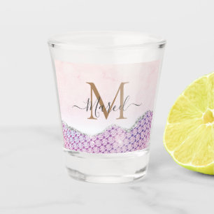 Elegant Monogram Rose pink Glitter Shot Glass