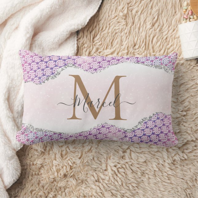 Elegant Monogram Rose pink Glitter  Throw Pillow (Blanket)