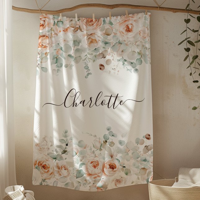 Elegant Monogram Rustic Rose Floral Greenery Fleece Blanket (In situ)