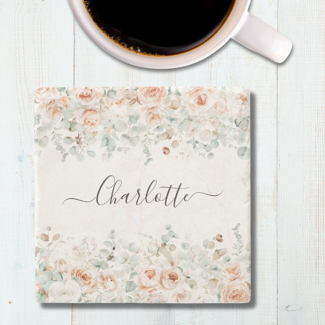 Elegant Monogram Rustic Rose Floral Greenery Stone Coaster (In situ)