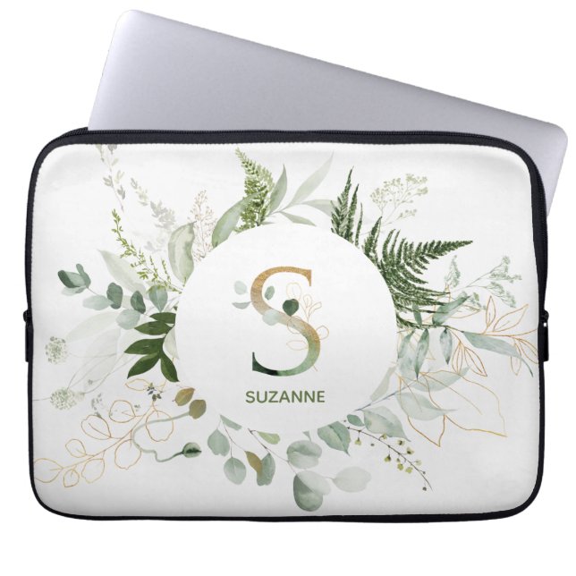 Elegant Monogram S Eucalyptus Wreath Laptop Sleeve (Front)