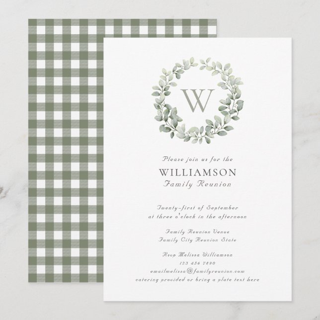 Elegant Monogram Sage Plaid Family Reunion Invitation (Front/Back)