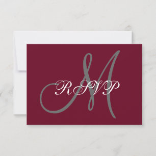 Elegant Monogram Script Burgundy Grey Wedding RSVP Card
