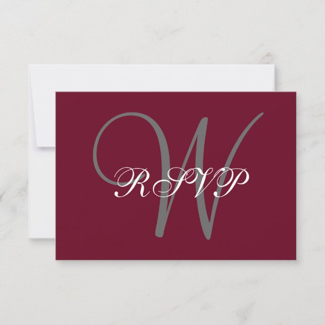 Elegant Monogram Script Burgundy Grey Wedding RSVP Card (Front)