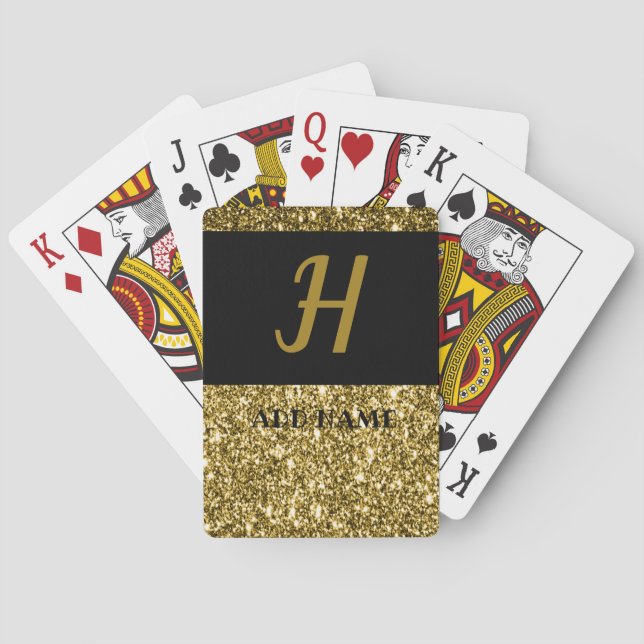 Elegant Monogram Script Modern Black Gold simple Playing Cards (Back)