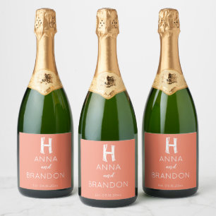 Elegant Monogram Script Name Modern Wedding Coral Sparkling Wine Label