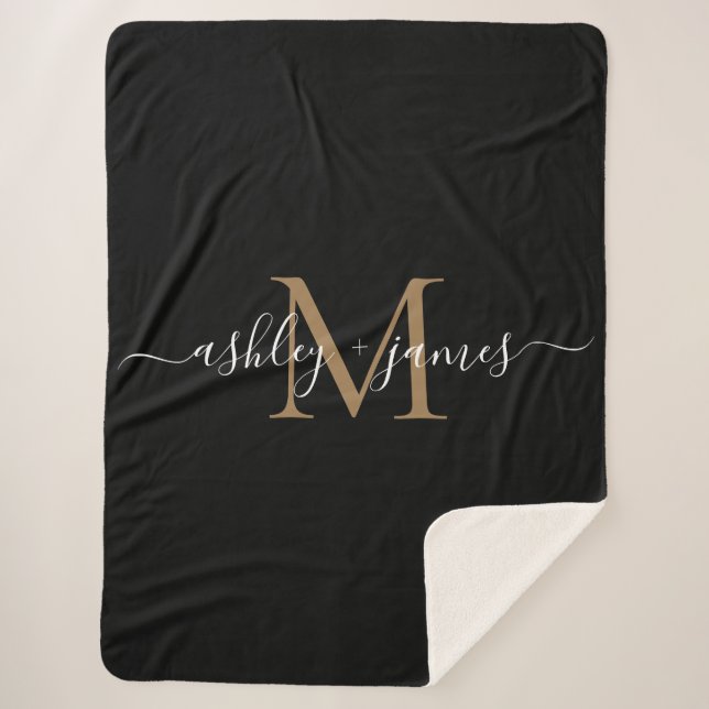 Elegant Monogram Script Names Black Gold Newlywed Sherpa Blanket (Front)