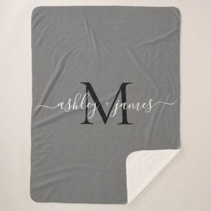 Elegant Monogram Script Names Black Grey Newlywed  Sherpa Blanket