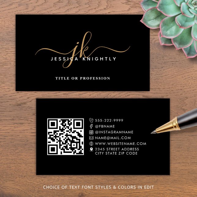 Elegant Monogram Script QR Code Social Media Business Card (Creator Uploaded)