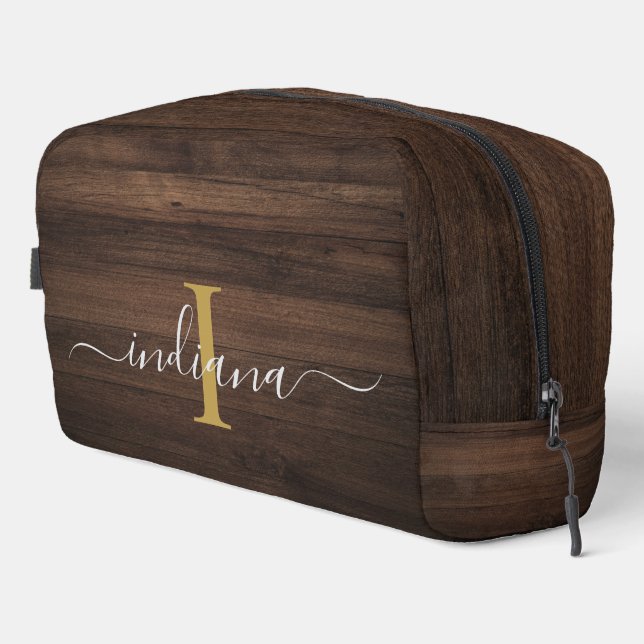Elegant Monogram Script Rustic Wood Look Dopp Kit (Right Corner)