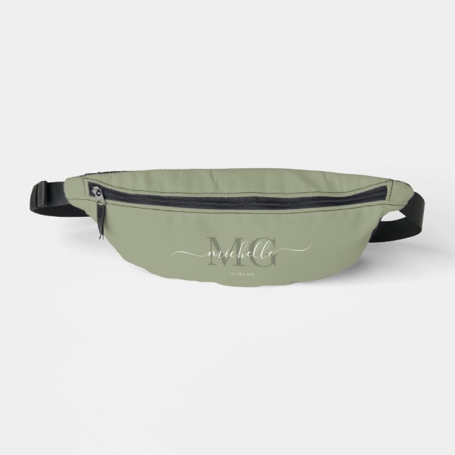 Elegant Monogram Script Sage Green Modern Bum Bags (Front)