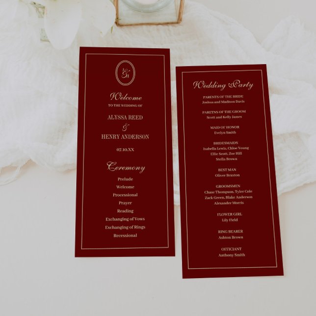 Elegant Monogram Script Wine Red Wedding Ceremony Program (Creator Uploaded)