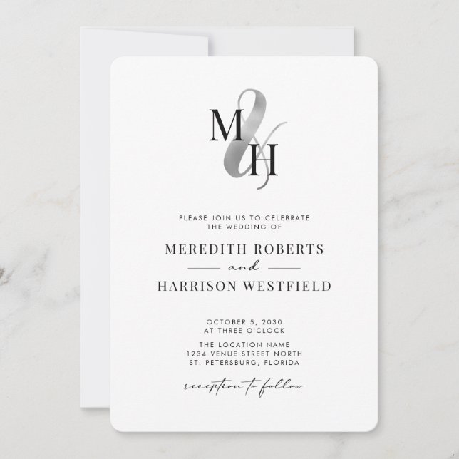 Elegant Monogram Silver Ampersand QR Code Wedding Invitation (Front)