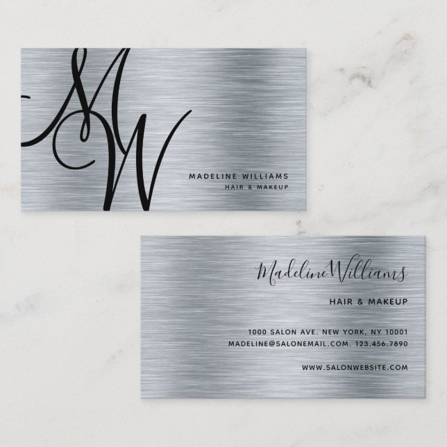Elegant Monogram Silver Black Modern Script Name Business Card (Front/Back)