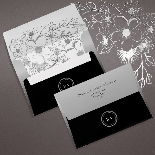 Elegant Monogram Silver Black Wedding Envelope (Creator Uploaded)