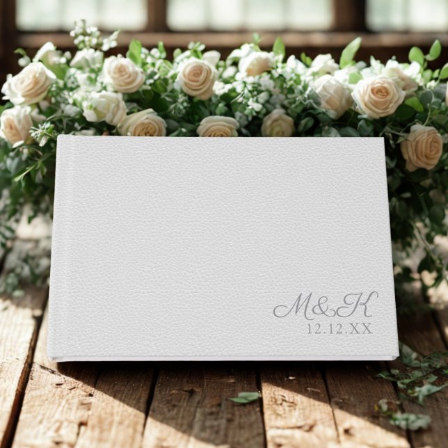 Elegant Monogram Silver Faux Leather Look Wedding  Guest Book (An elegant soft gray faux leather look Wedding Guest Book with space for your initials and date)