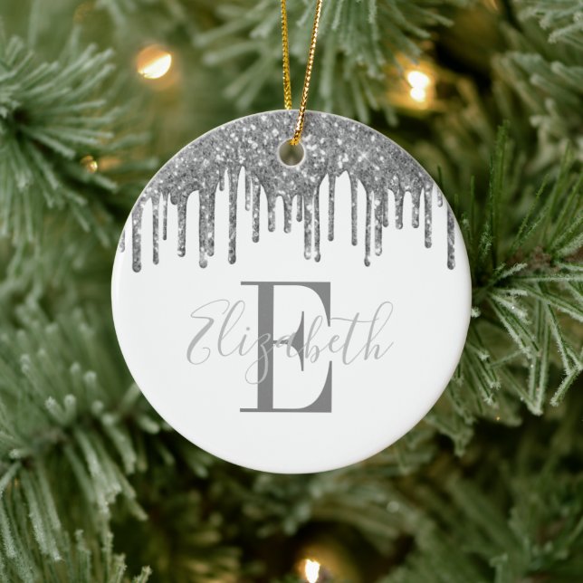 Elegant Monogram Silver Glitter Drip Ceramic Ornament (Tree)