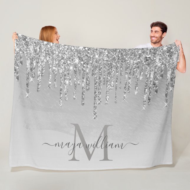 Elegant Monogram Silver Glitter Drips   Fleece Blanket (In Situ)