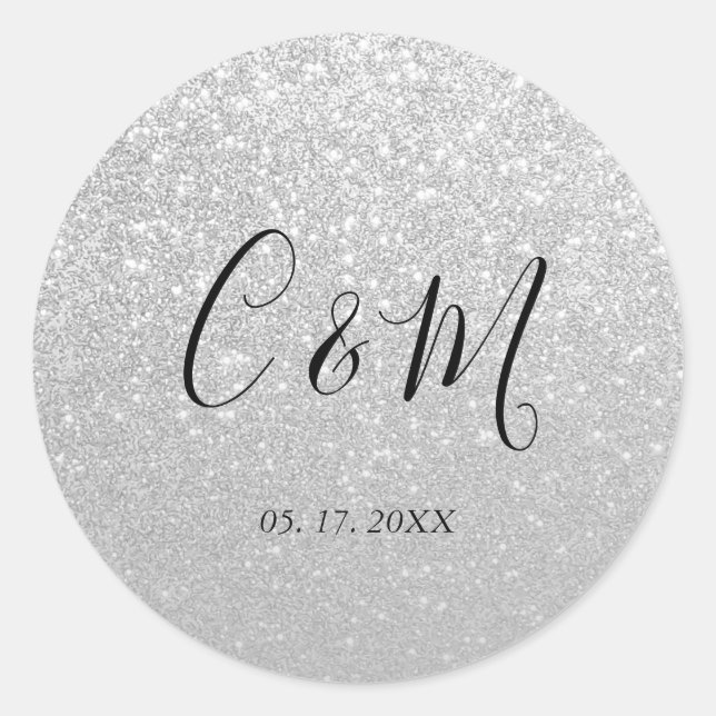 Elegant Monogram Silver Glitter Wedding  Classic Round Sticker (Front)
