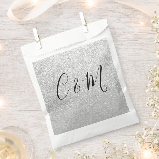 Elegant Monogram Silver Glitter Wedding Favour Bag (Clipped)