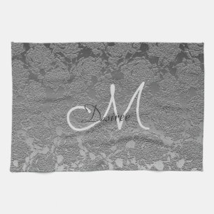 Elegant Monogram Silver Grey Floral Modern Classy Tea Towel
