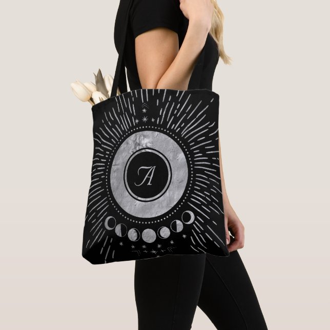 Elegant Monogram Silver Sun Moon Doodles Tote Bag (Close Up)