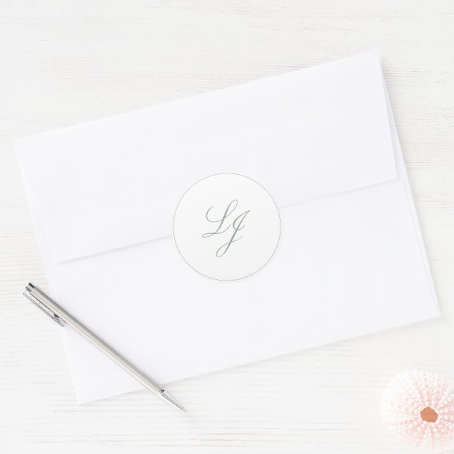 Elegant Monogram Simple Script Sage Green Wedding Classic Round Sticker (Envelope)