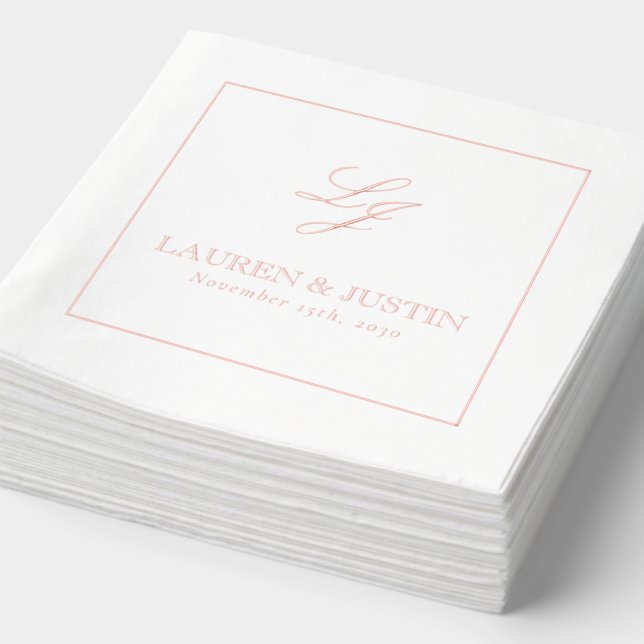 Elegant Monogram Simple Script Wedding Rose Gold Foil Napkins (Detail)