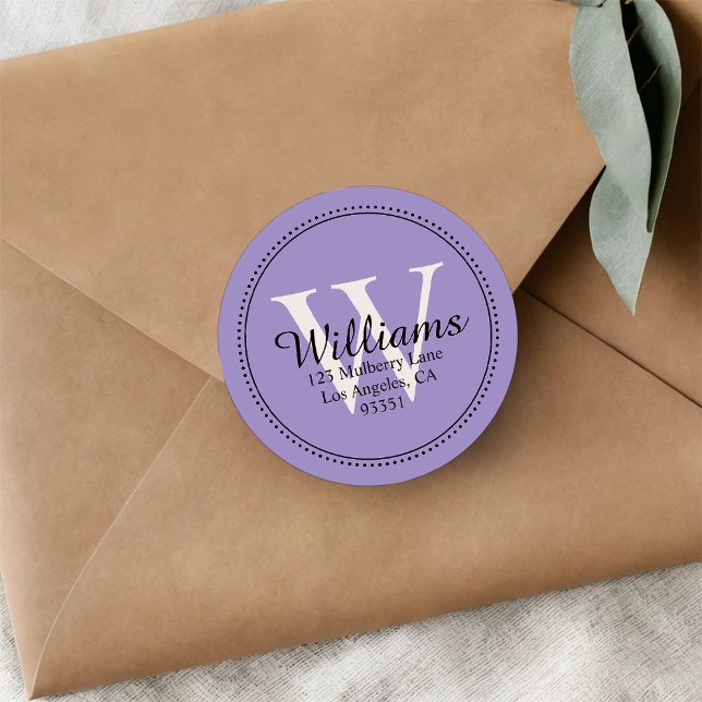 Elegant Monogram Solid Lavender Return Address Classic Round Sticker (Creator Uploaded)