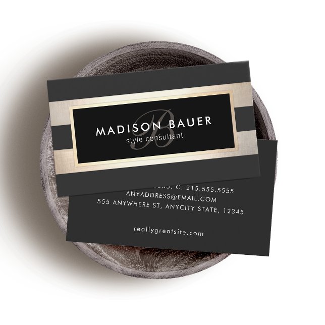Elegant Monogram Striped Black and FAUX Gold Foil Business Card (Creator Uploaded)