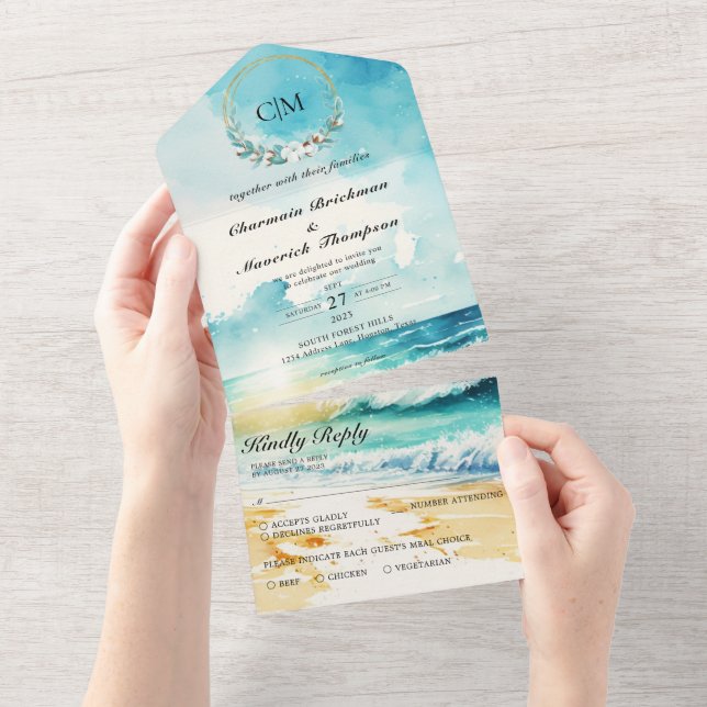 Elegant Monogram Summer Beach Wedding All In One I Invitation (Tearaway)