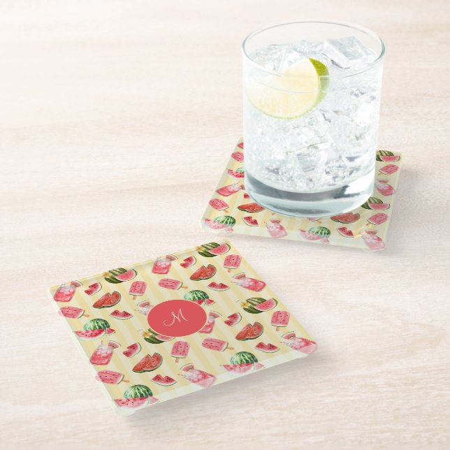 Elegant Monogram Summer Watermelon Drinks Glass Coaster (Angled)