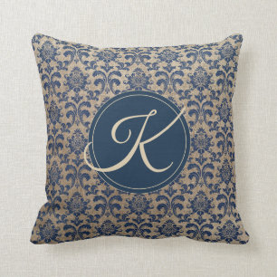 Elegant Monogram Tan and Blue Damask Cushion